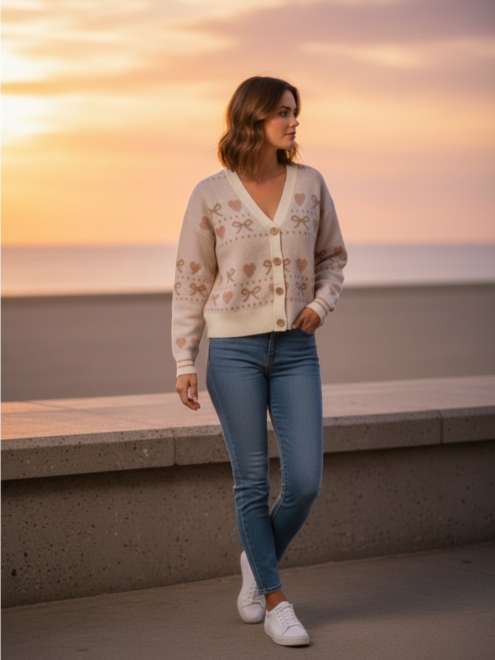 Celebrity Pink Cream and Light Brown Patterned V-Neck Cardigan